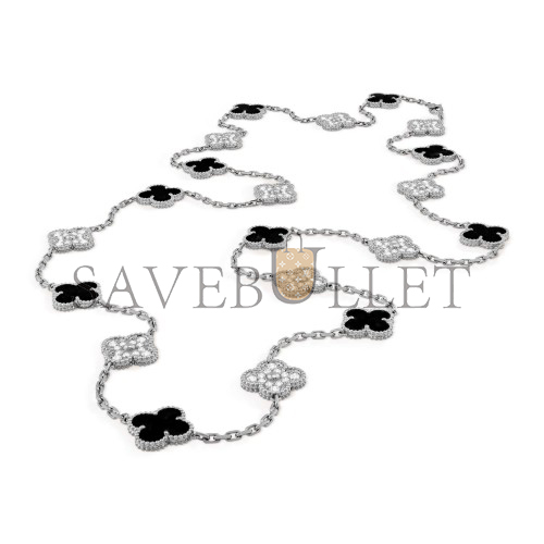 V*N CL*F arpels vintage alhambra long necklace, 20 motifs - white gold, diamond, onyx  vcarp2r800