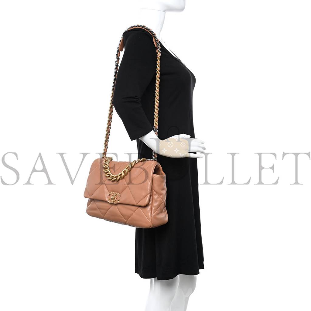 Ch*el lambskin quilted large Ch*el 19 flap brown gold hardware (30*20*9cm)